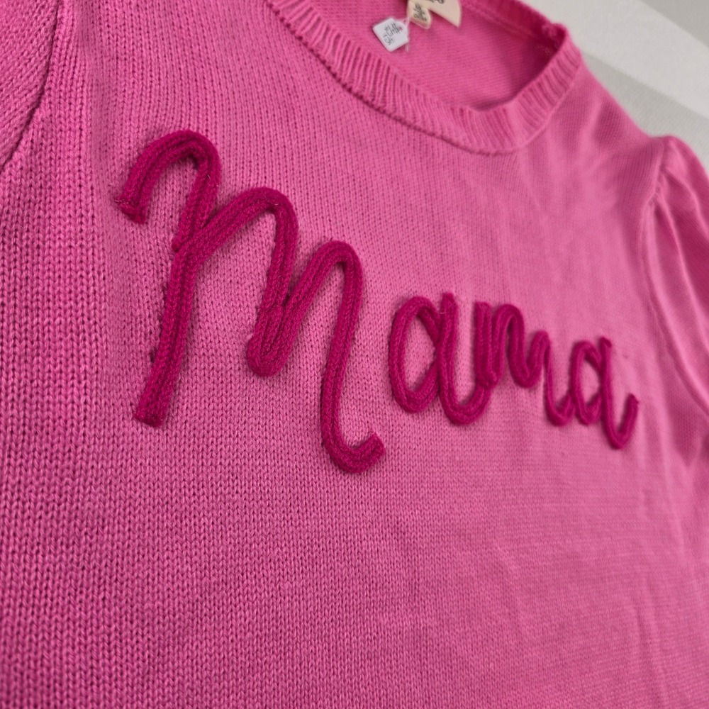 Haptics Mama Embroidered Sweater Womens Medium Pink Excellent Puff Sleeve Knit